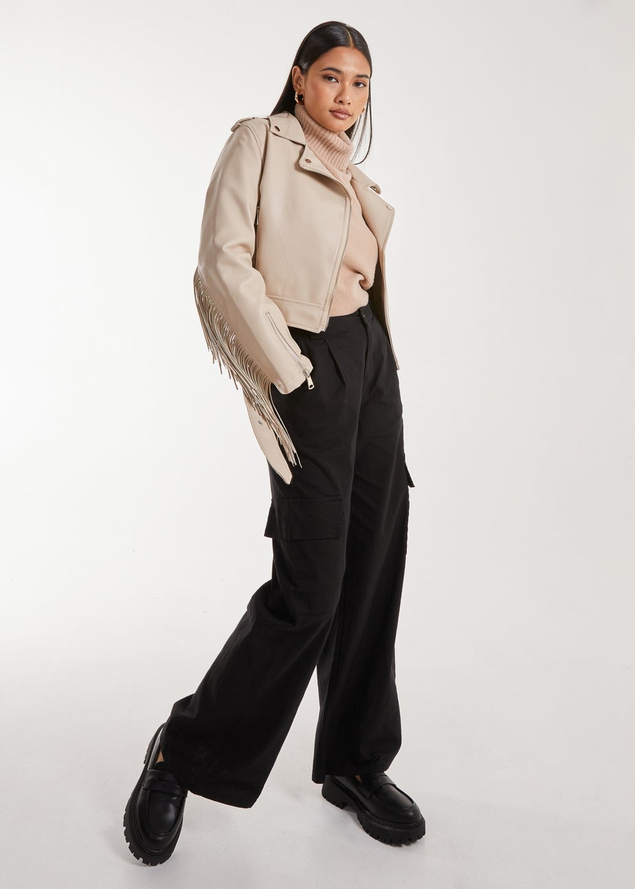 Pink Vanilla Stone Fringed Cropped PU Jacket