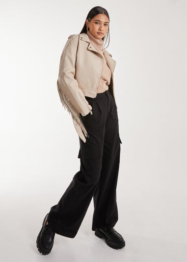 Pink Vanilla Stone Fringed Cropped PU Jacket