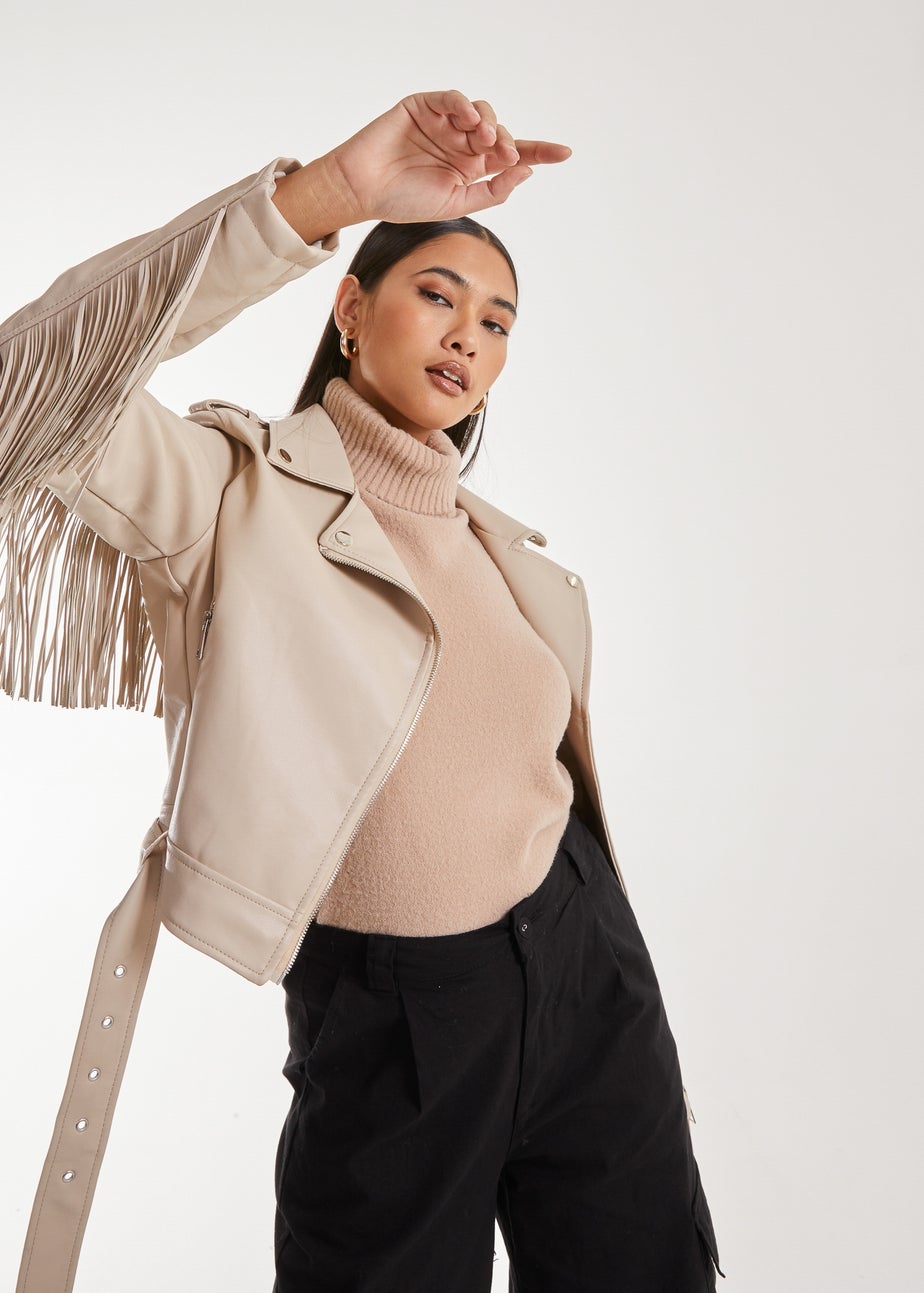 Pink Vanilla Stone Fringed Cropped PU Jacket