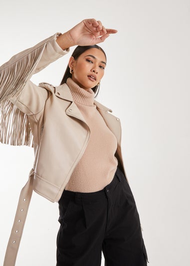 Pink Vanilla Stone Fringed Cropped PU Jacket