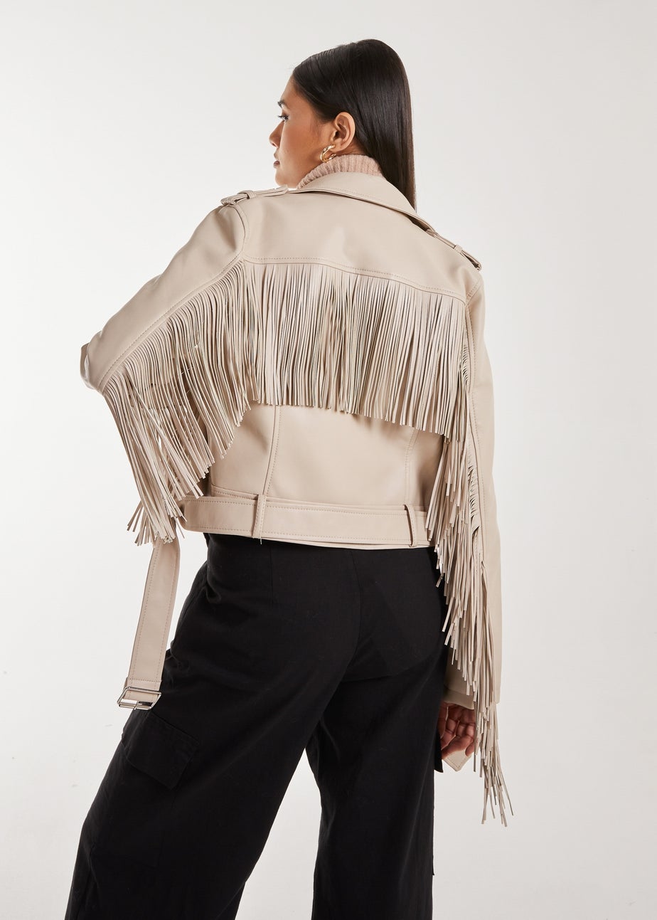 Pink Vanilla Stone Fringed Cropped PU Jacket