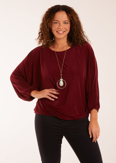 Blue Vanilla Burgundy Batwing Necklace Elasticated Hem Top