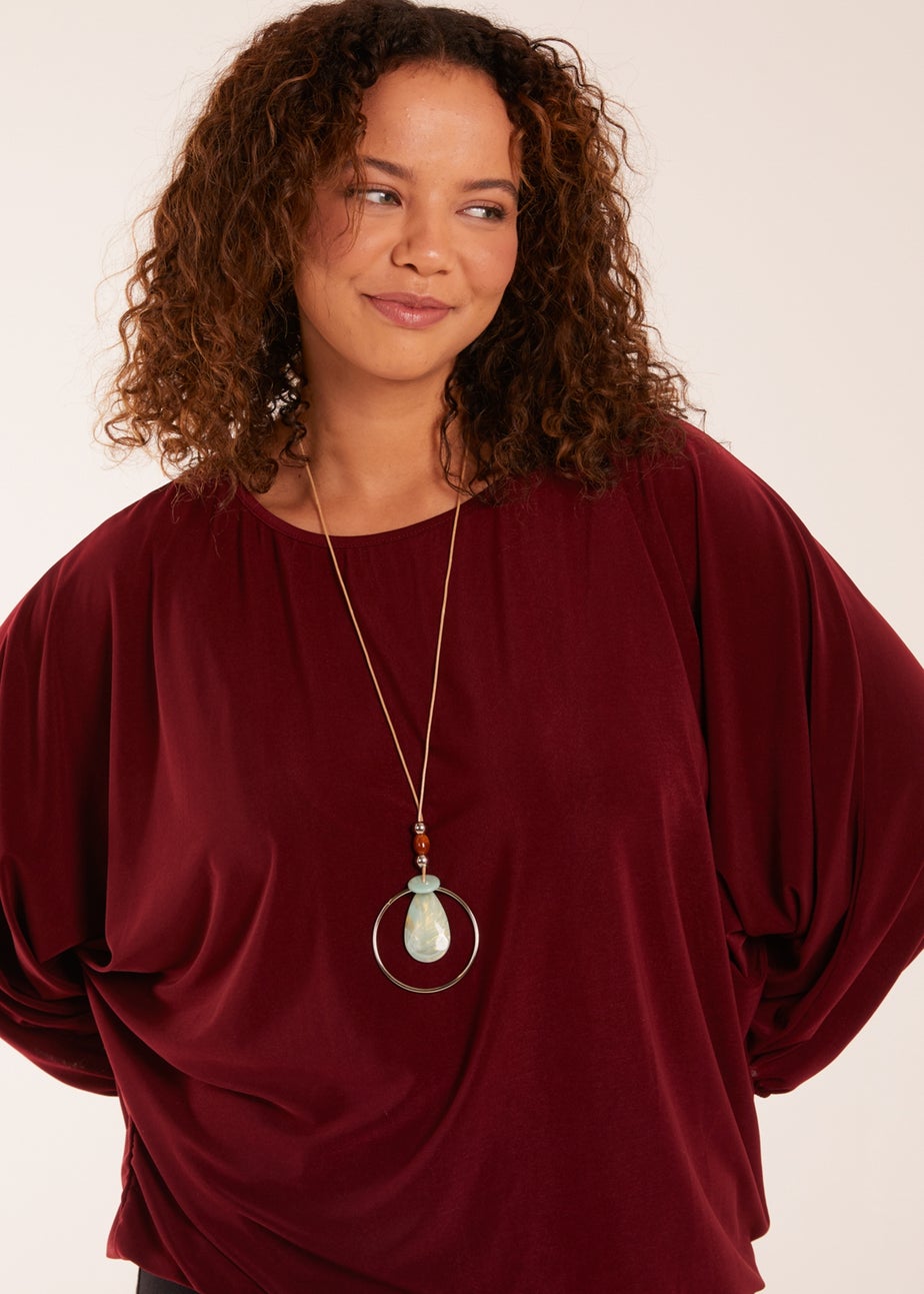 Blue Vanilla Burgundy Batwing Necklace Elasticated Hem Top