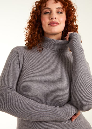 Blue Vanilla Grey Curve Ribbed Roll Neck Midi Dress