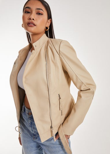 Pink Vanilla Stone Faux PU Leather Biker Jacket