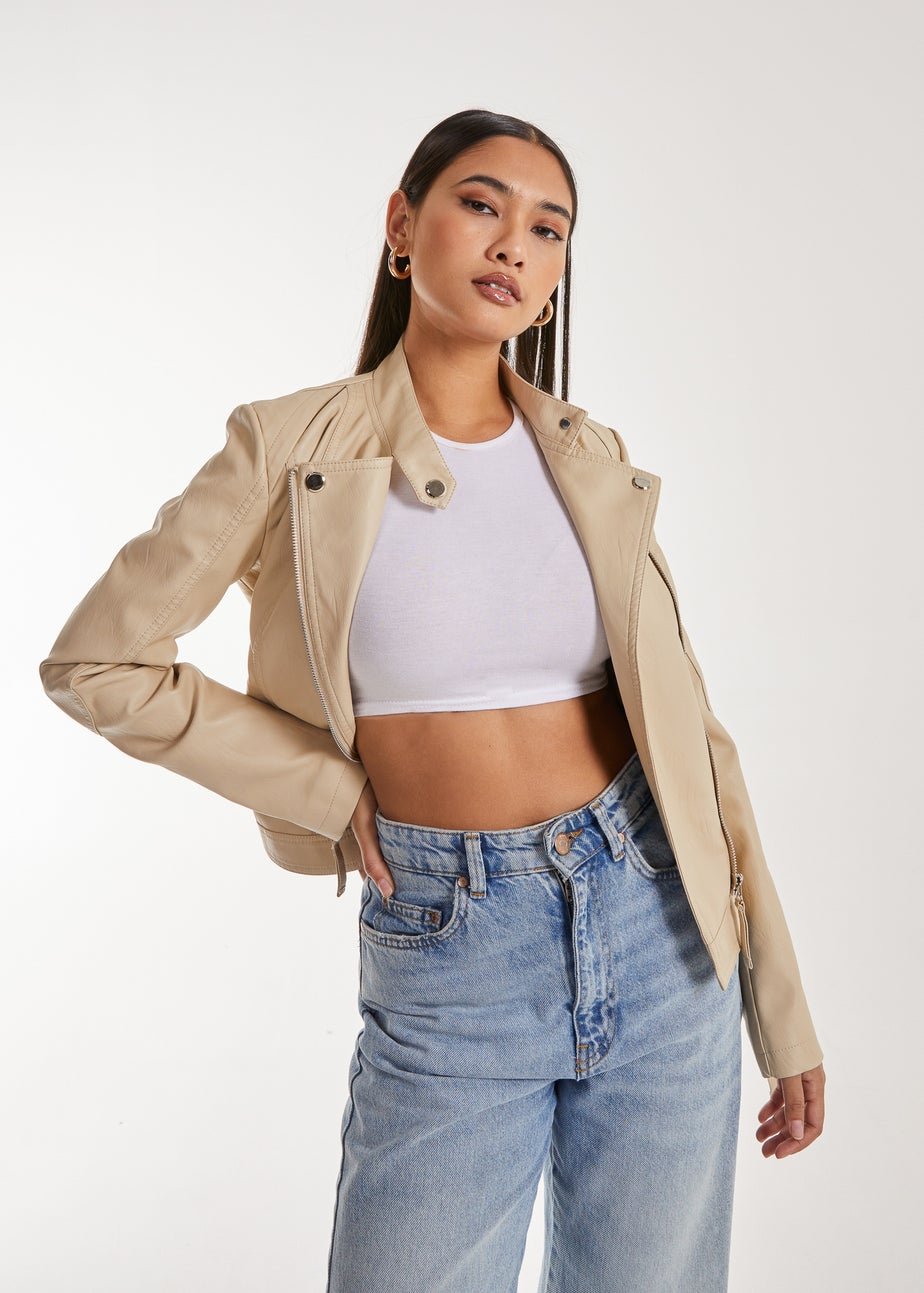 Pink Vanilla Stone Faux PU Leather Biker Jacket