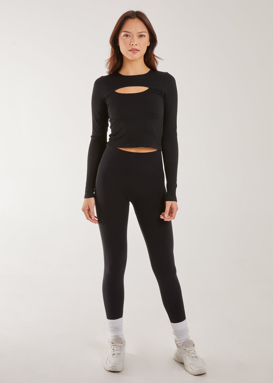 Pink Vanilla Black Rib Long Sleeve Cut Out Top