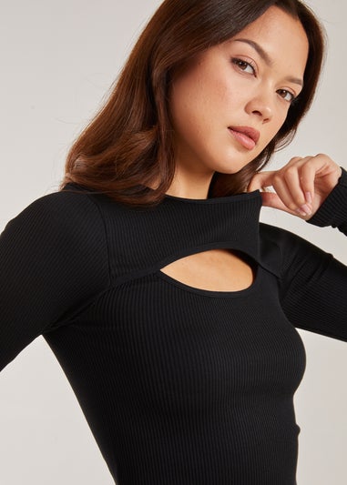 Pink Vanilla Black Rib Long Sleeve Cut Out Top