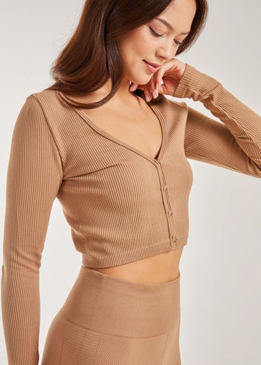 Pink Vanilla Camel Rib Long Sleeve Button Down Top