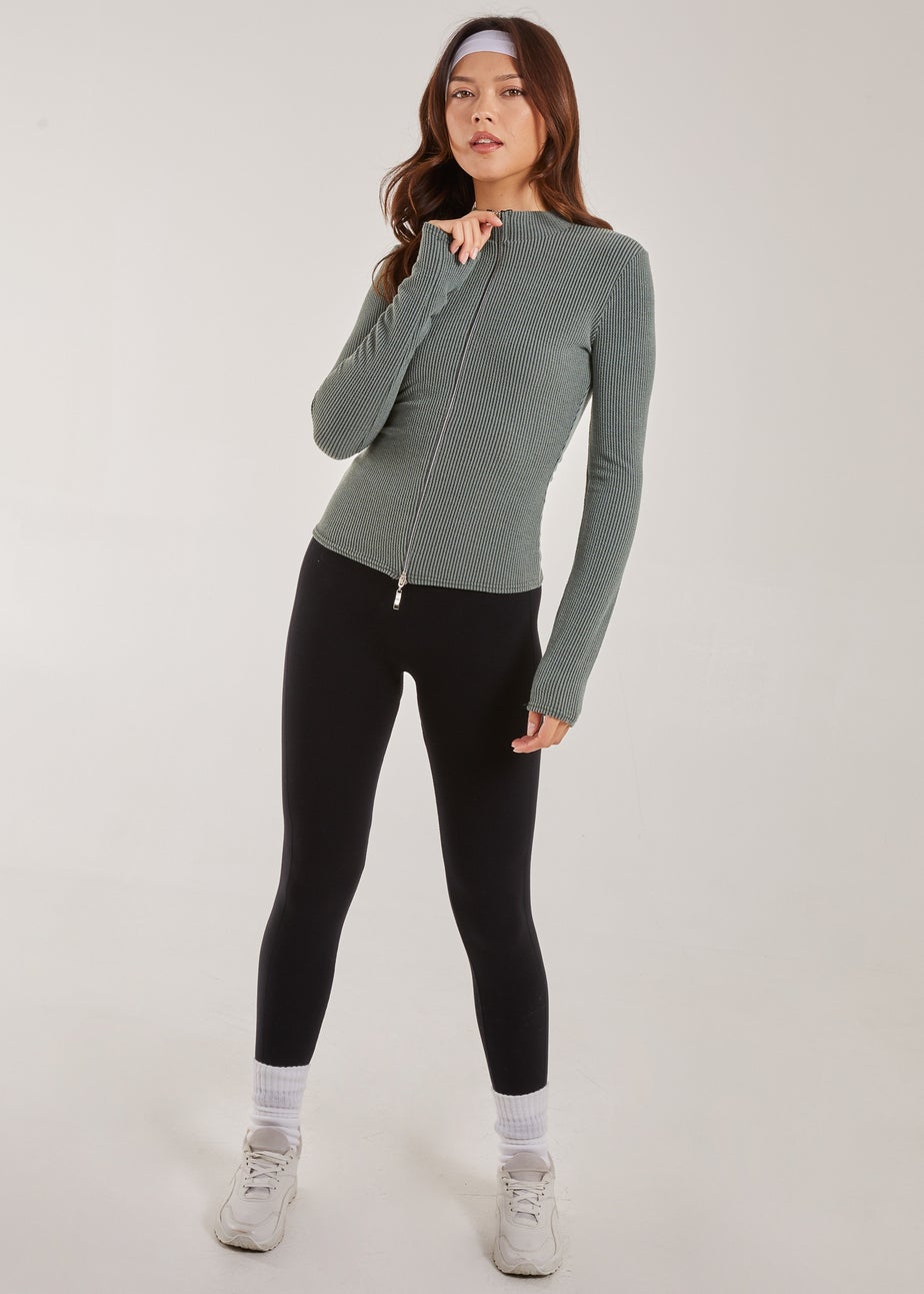 Pink Vanilla Khaki Two Tone Rib Double Zip Top