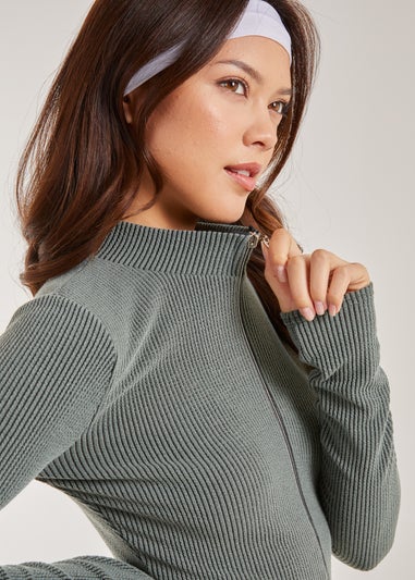 Pink Vanilla Khaki Two Tone Rib Double Zip Top