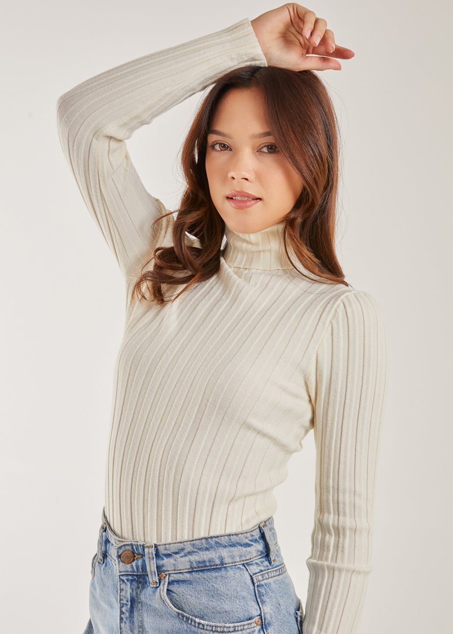 Pink Vanilla Ivory Soft Knit Wide Rib Roll Neck Top