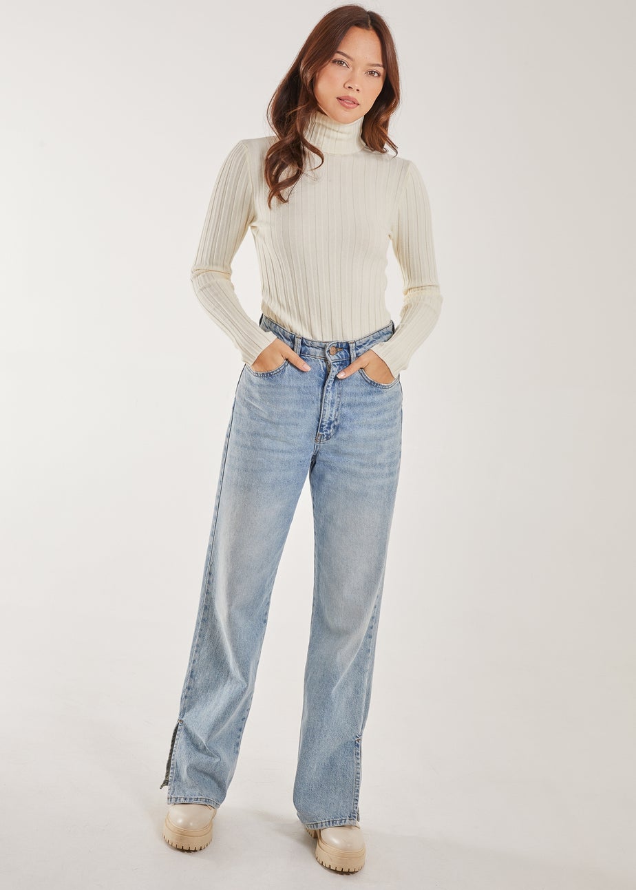 Pink Vanilla Ivory Soft Knit Wide Rib Roll Neck Top