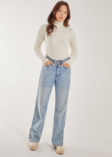 Pink Vanilla Ivory Soft Knit Wide Rib Roll Neck Top