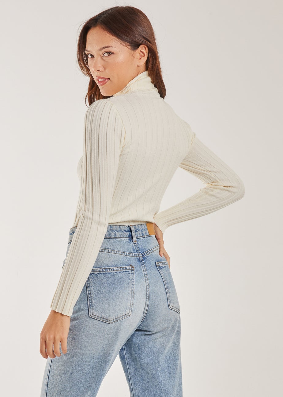 Pink Vanilla Ivory Soft Knit Wide Rib Roll Neck Top