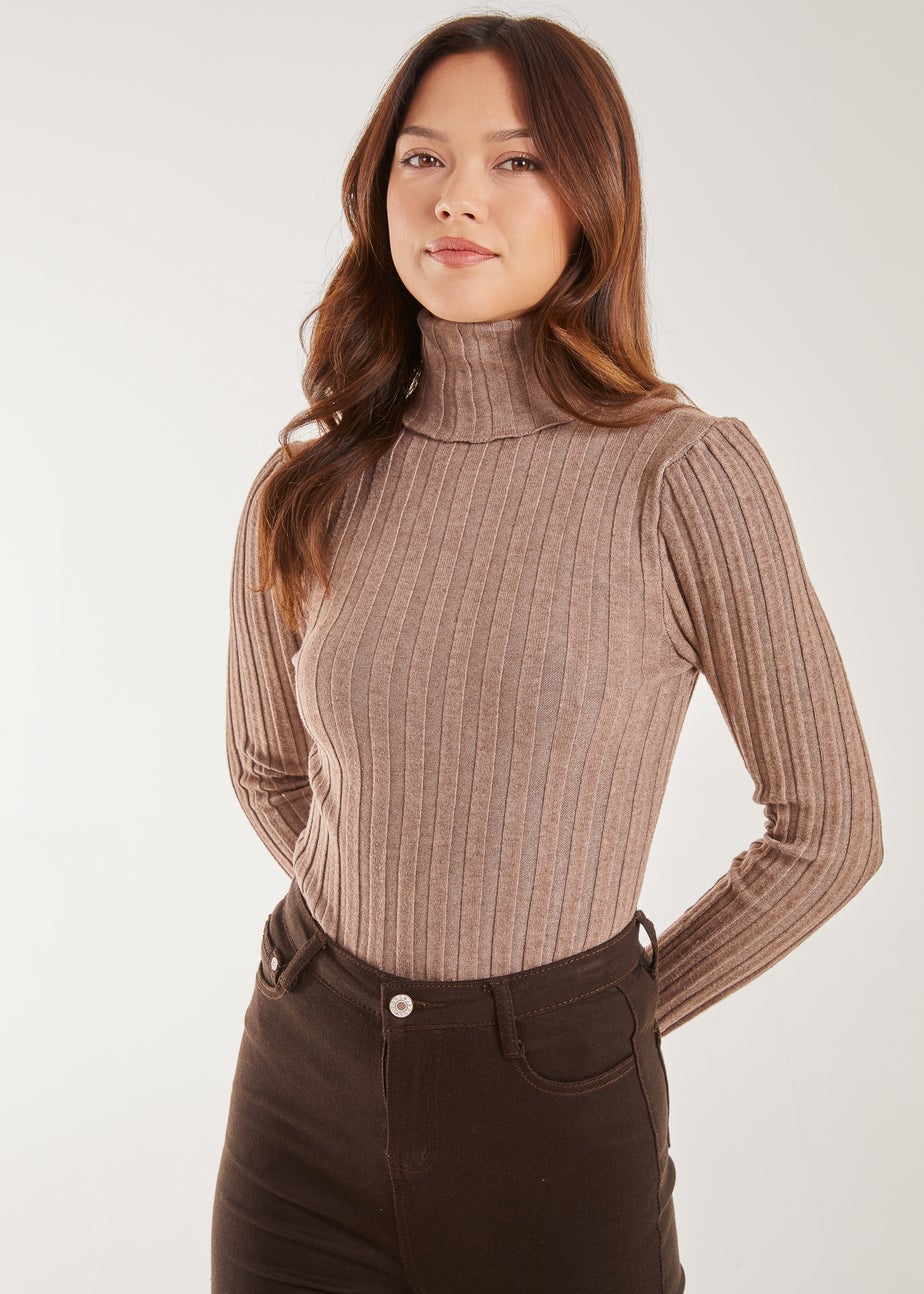 Pink Vanilla Mocha Soft Knit Wide Rib Roll Neck Top