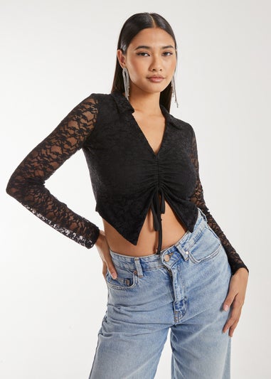 Pink Vanilla Black Lace Long Sleeve Tie Front Top