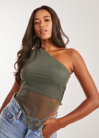 Pink Vanilla Khaki Mesh One Shoulder Hanky Top