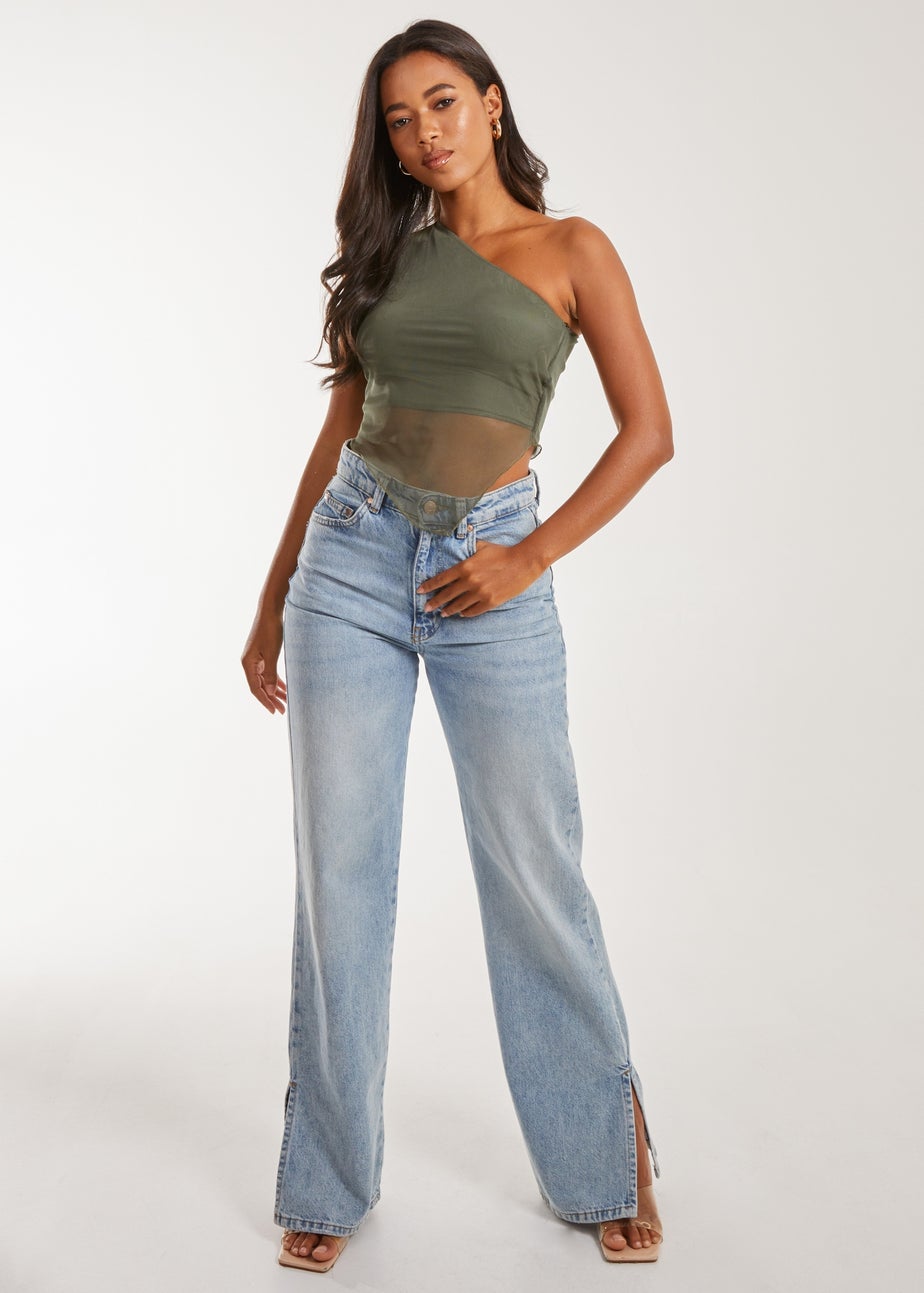 Pink Vanilla Khaki Mesh One Shoulder Hanky Top