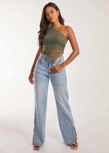 Pink Vanilla Khaki Mesh One Shoulder Hanky Top