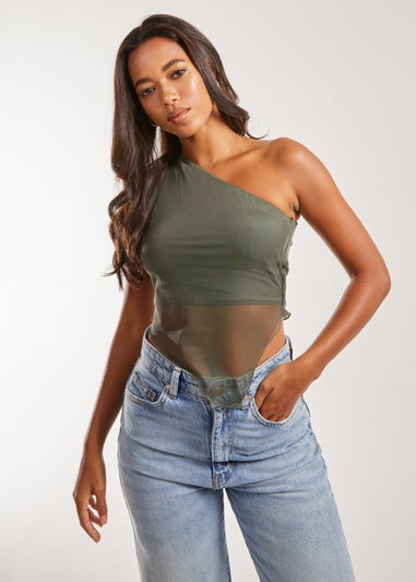 Pink Vanilla Khaki Mesh One Shoulder Hanky Top