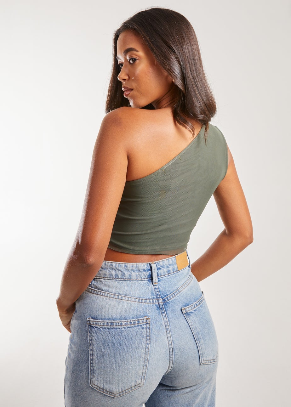 Pink Vanilla Khaki Mesh One Shoulder Hanky Top