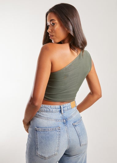 Pink Vanilla Khaki Mesh One Shoulder Hanky Top