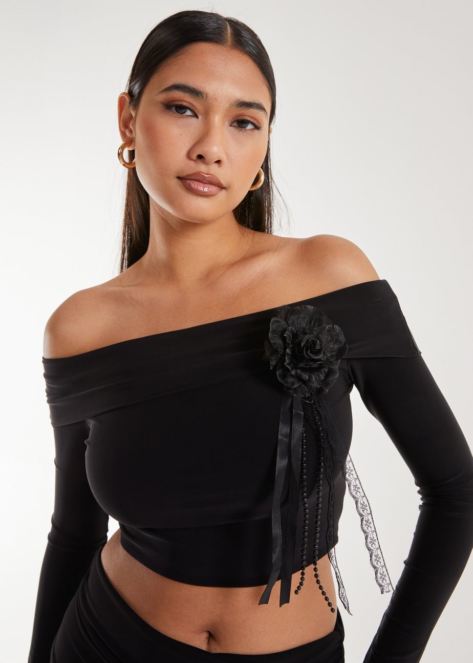 Pink Vanilla Black Corsage Detail Bardot Long Sleeve Top