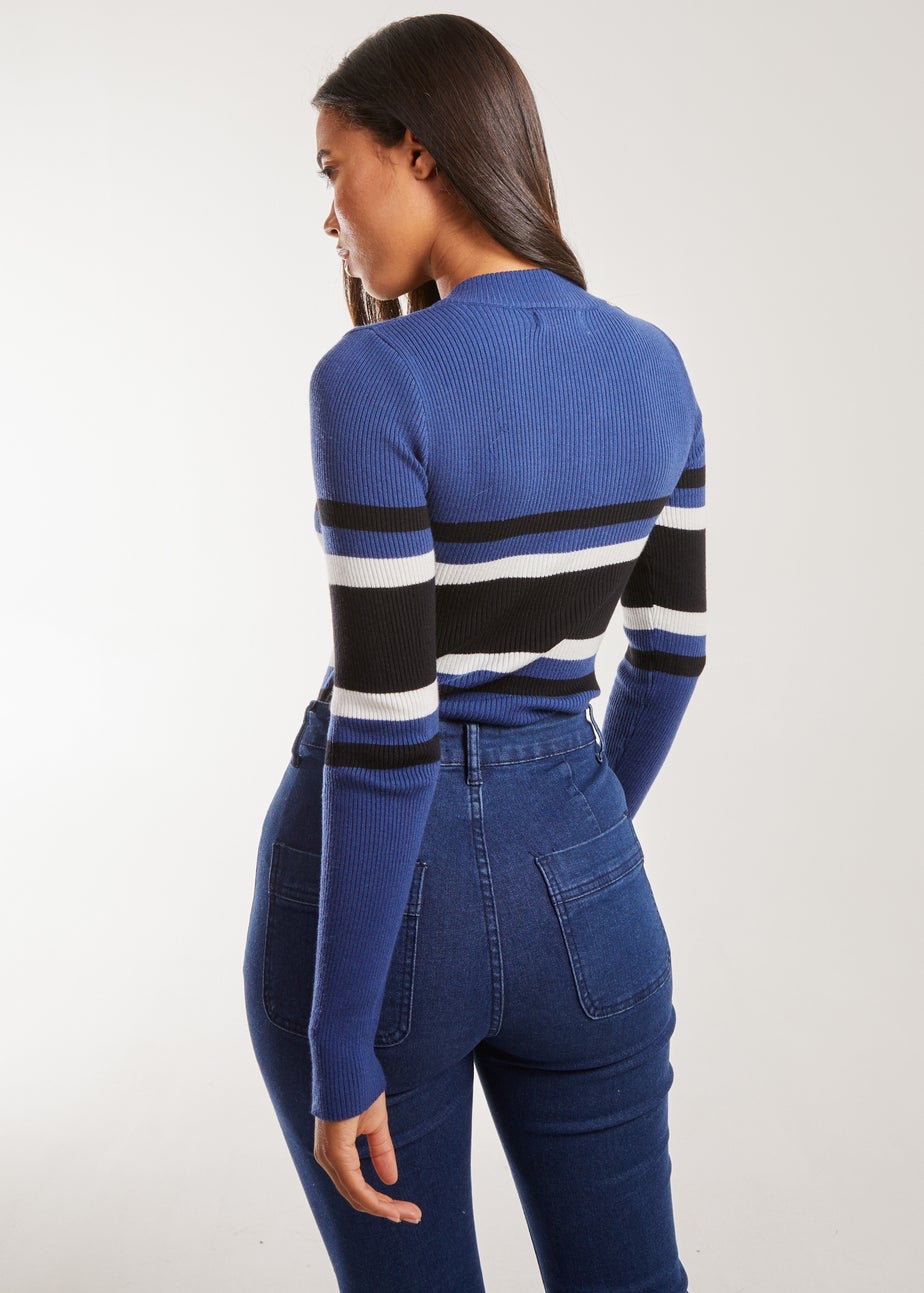 Pink Vanilla Navy Zip Up Striped Knit Top