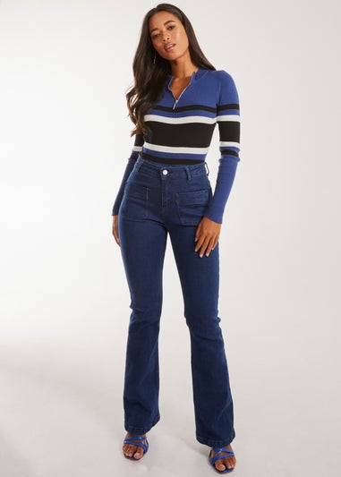 Pink Vanilla Navy Zip Up Striped Knit Top