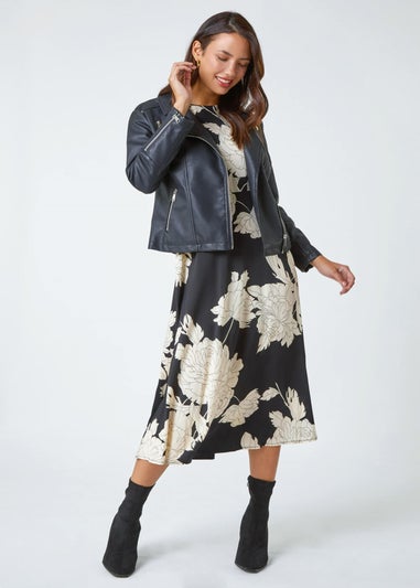 Roman Black Floral Contrast Print Midi Dress