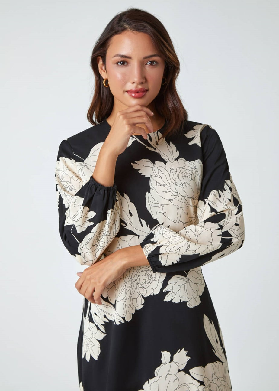 Roman Black Floral Contrast Print Midi Dress