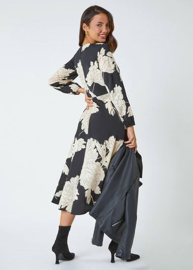 Roman Black Floral Contrast Print Midi Dress