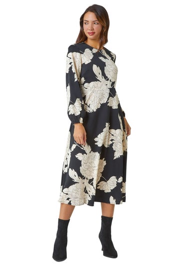 Roman Black Floral Contrast Print Midi Dress