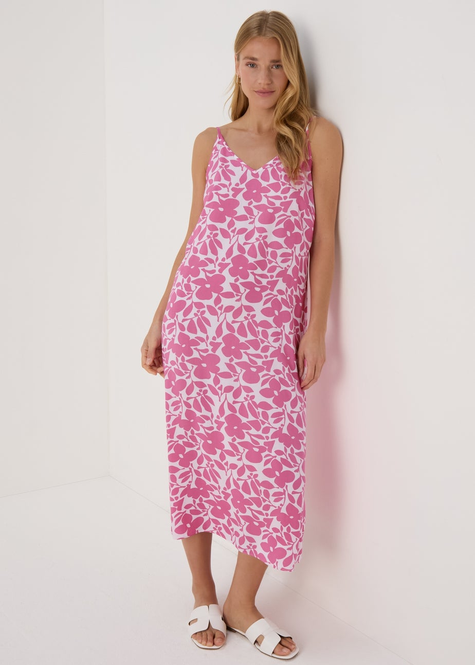 Pink Floral Cami Midi Viscose Dress