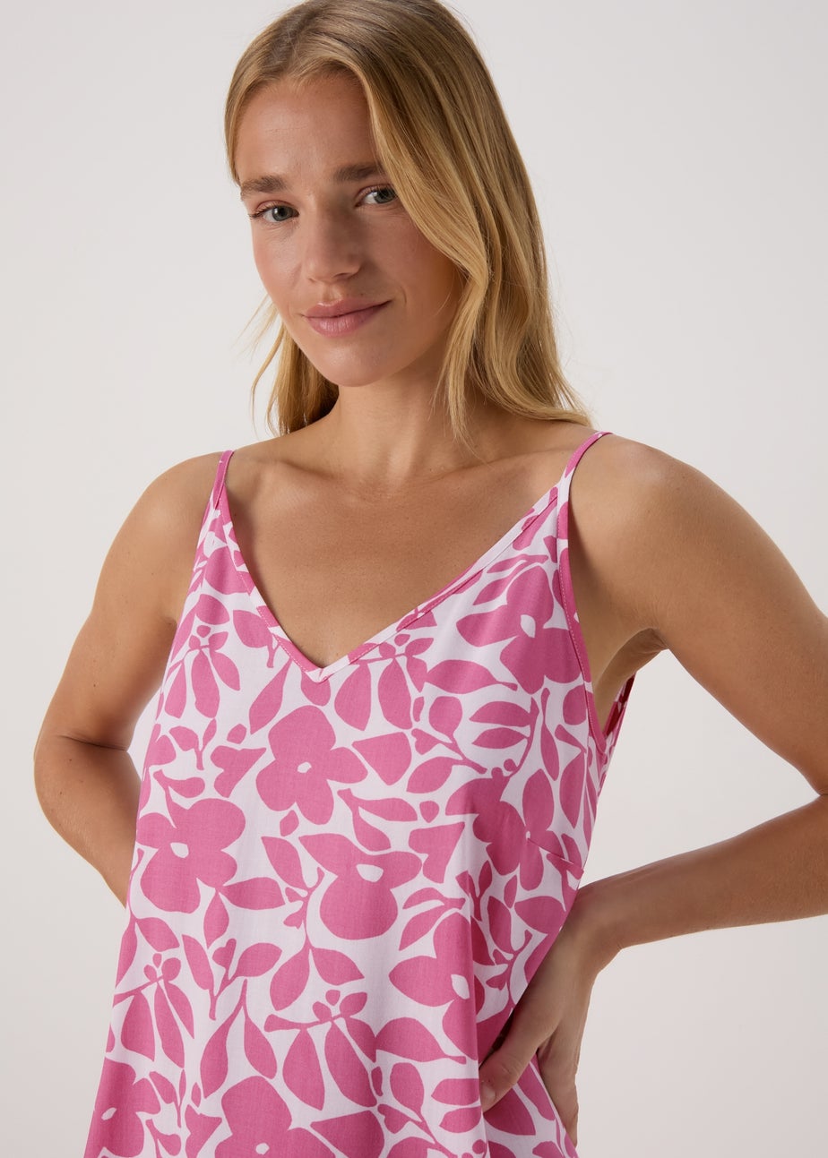 Pink Floral Cami Midi Viscose Dress