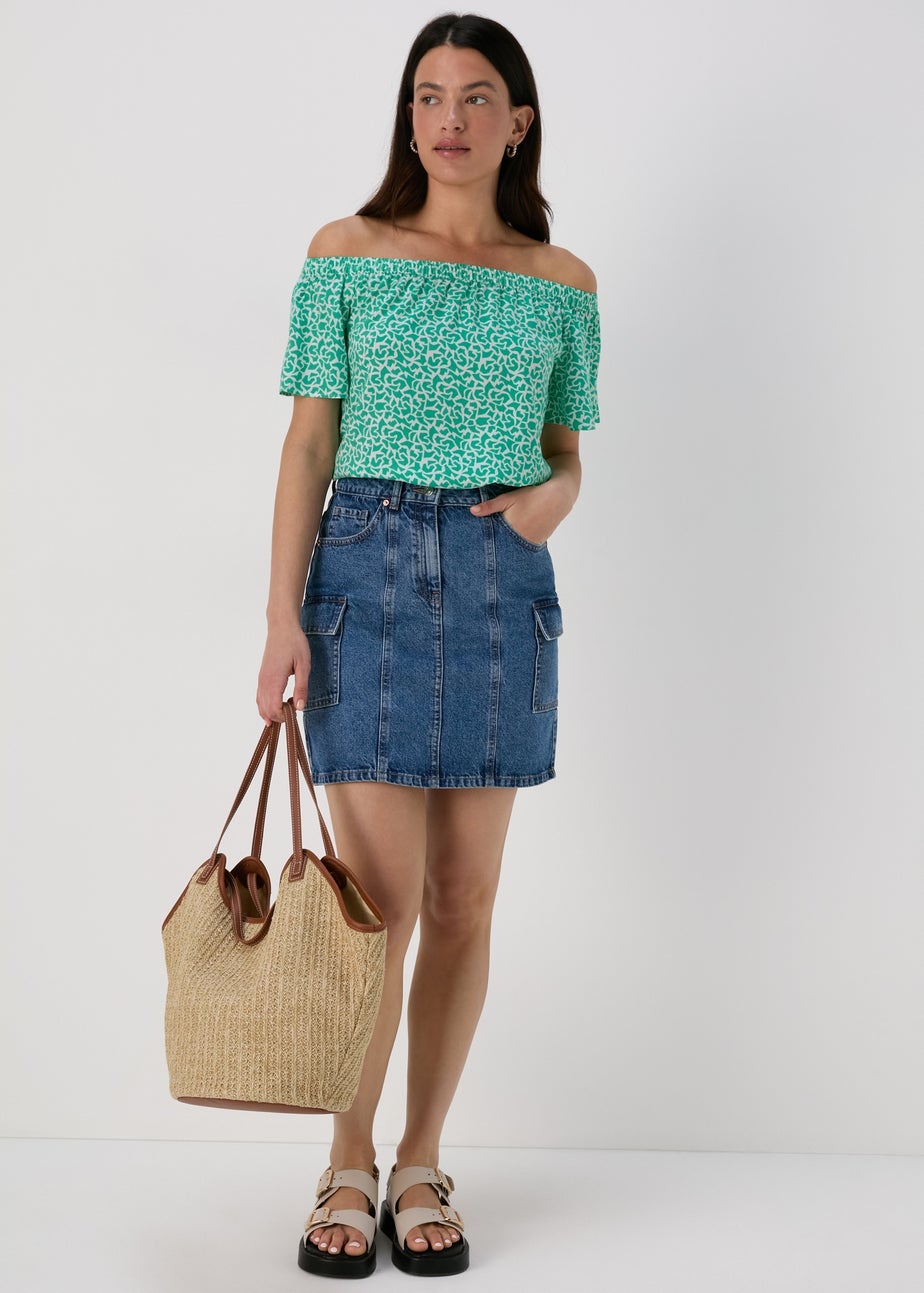 Turquoise Abstract Print Viscose Bardot Top