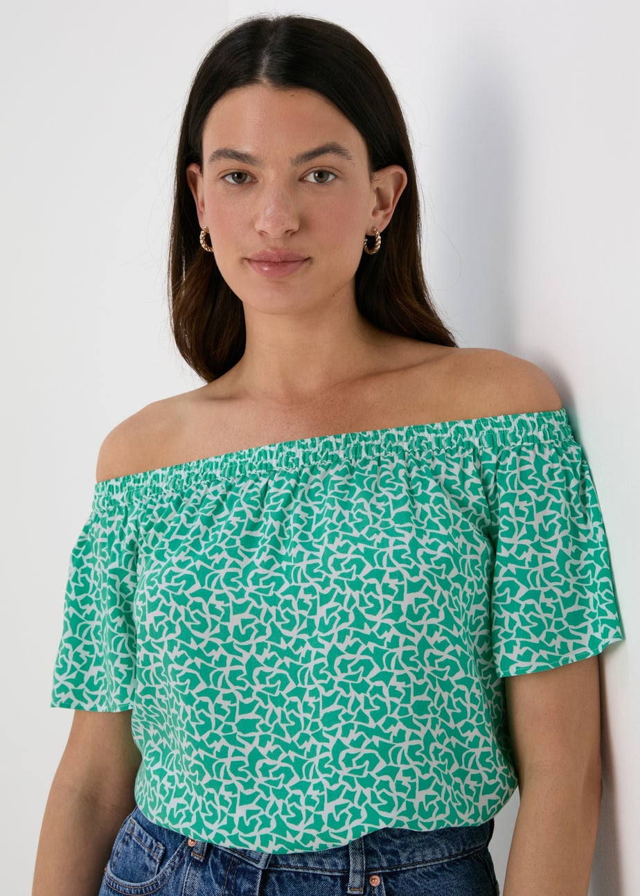 Turquoise Abstract Print Viscose Bardot Top