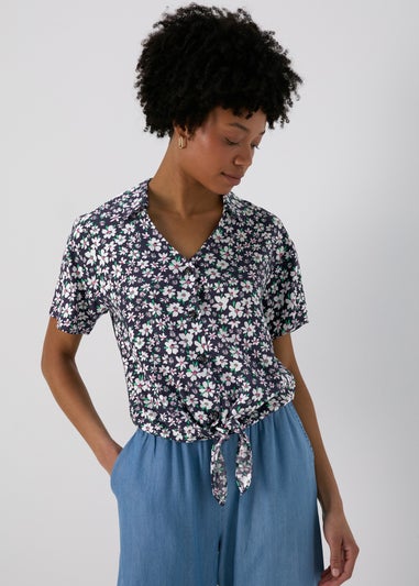 Navy & Blue Ditsy Tie Front Viscose Top