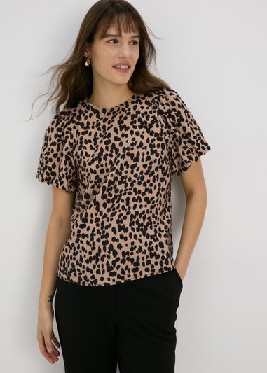 Et Vous Beige Animal Print Puff Sleeve Blouse