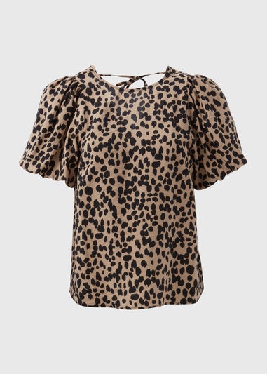 Et Vous Beige Animal Print Puff Sleeve Blouse