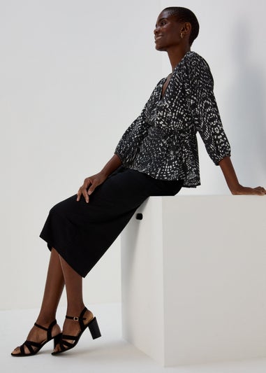 Black Mono Print Mock Wrap Top