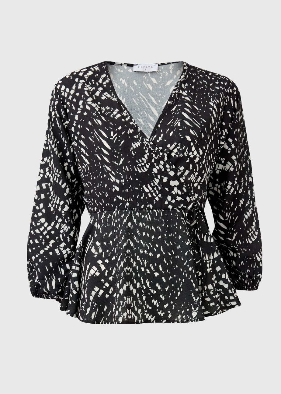 Black Mono Print Mock Wrap Top