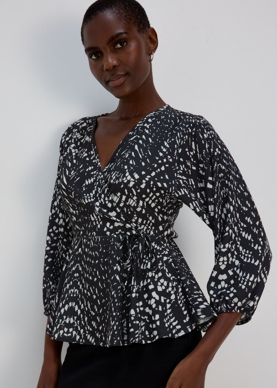 Black Mono Print Mock Wrap Top