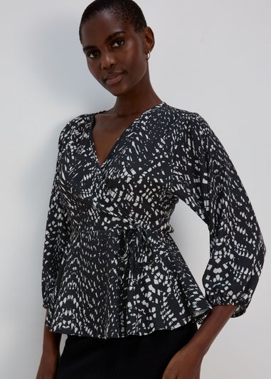 Black Mono Print Mock Wrap Top