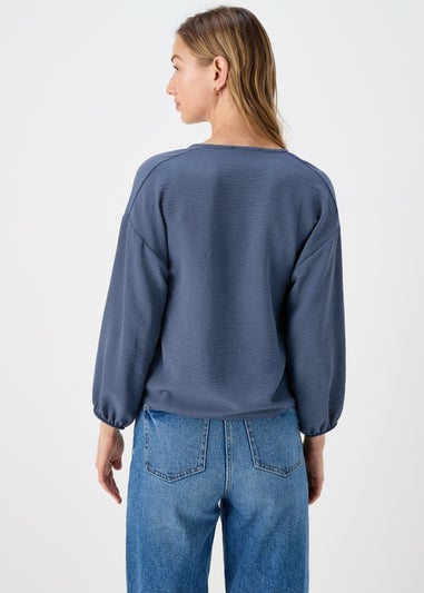 Blue Front Tie V Neck Blouse