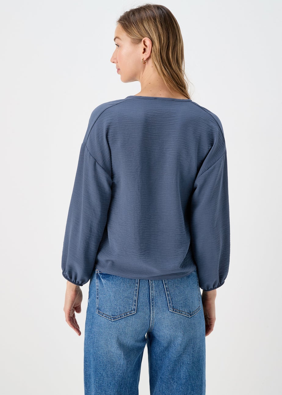 Blue Front Tie V Neck Blouse
