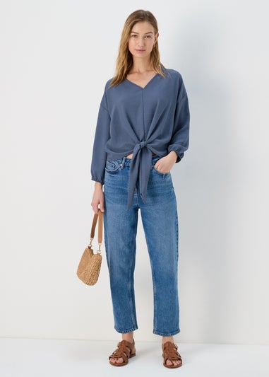 Blue Front Tie V Neck Blouse