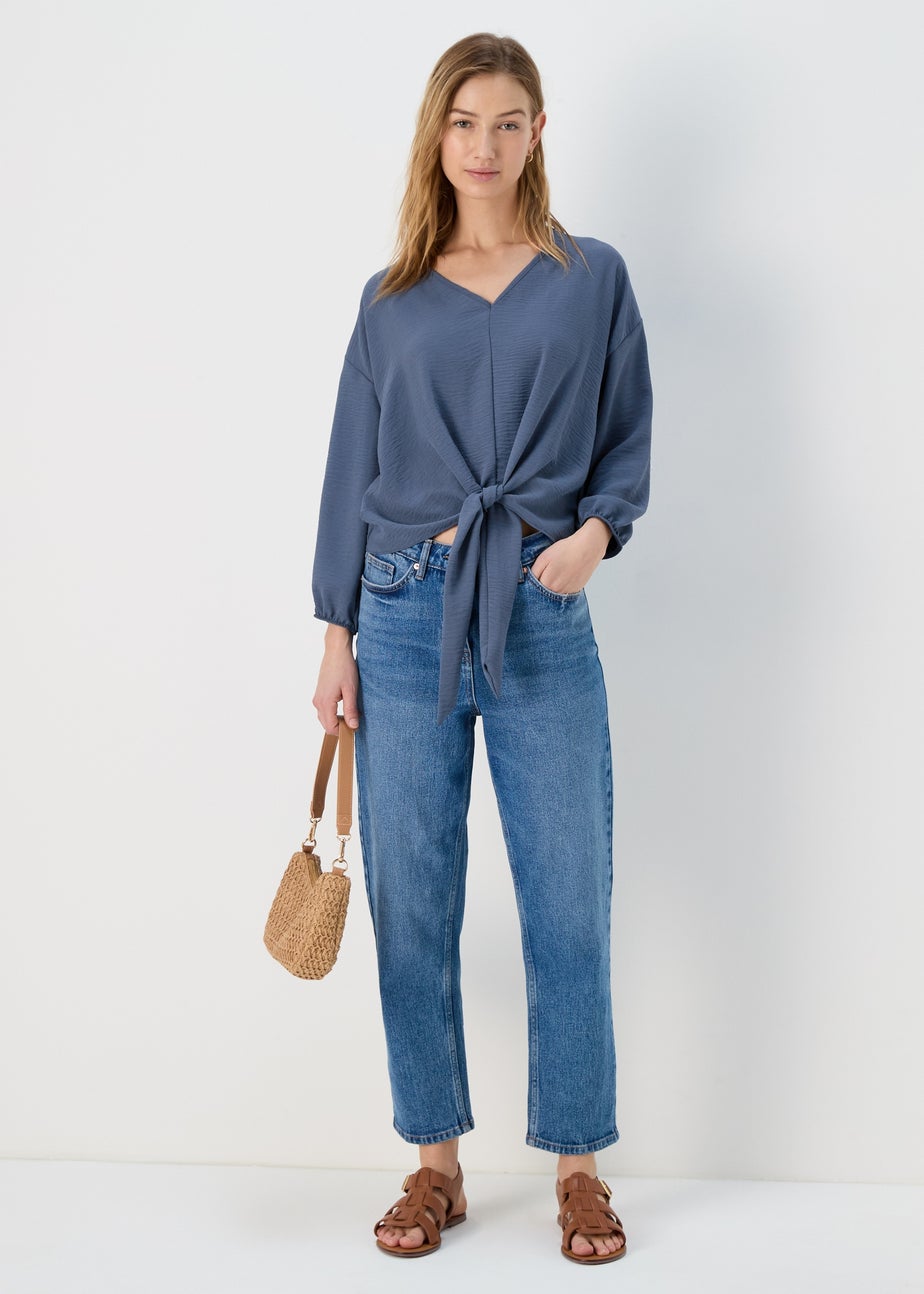 Blue Front Tie V Neck Blouse