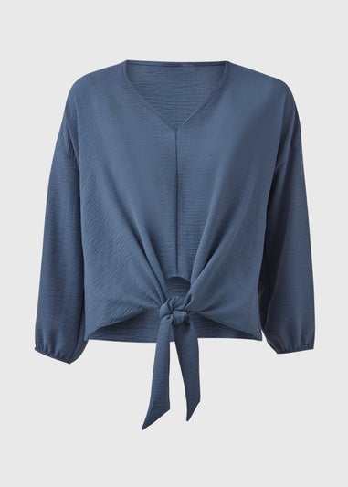 Blue Front Tie V Neck Blouse